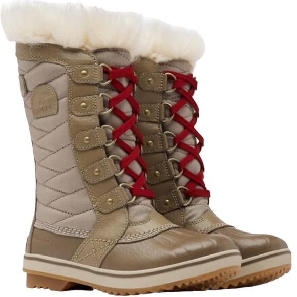 🎉Sorel Tofino II kids Tall Faux Fur Boots Winter Outdoors Tan Red Laces size 1 - Picture 1 of 16